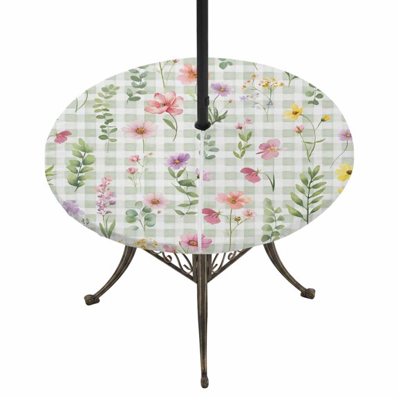 Round Outdoor Tablecloth with Umbrella Hole and Zipper, Spring Floral Tablecloth with Elastic Waterproof, Pink Flowers Green Plaid Pastoral Patio Table Covers for 31" - 35" Picnic Pool Tables