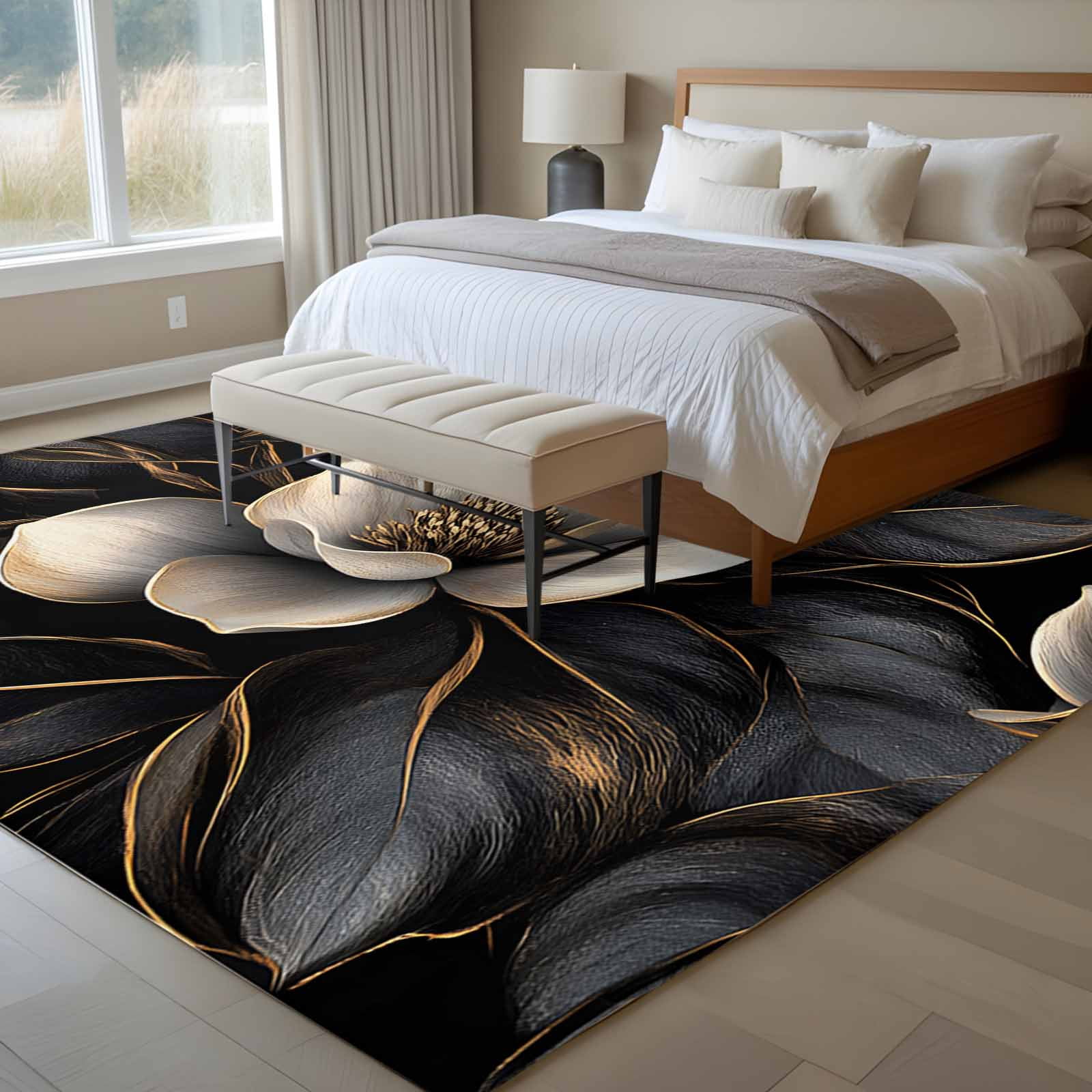 5'x8' Area Rugs, Black Gold Flower Indoor Outdoor Area Rug for Living Room Bedroom, Gradient Luxurious Floral Botanical Washable Bathroom Rugs Kitchen Floor Carpet Mats Home Decor Aesthetic