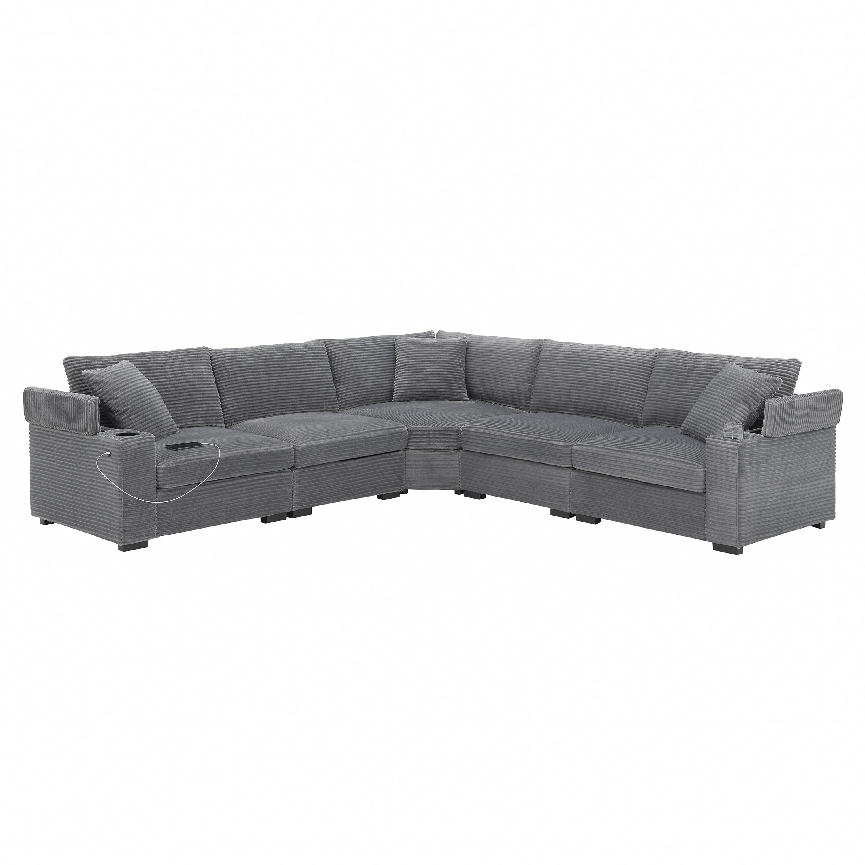 Sectional Sofa, L-Shape Sofa, Convertible Couch, Corner Couch with Armrest Storage and Cup Holders, Corduroy Sofa for Living Room, Gray