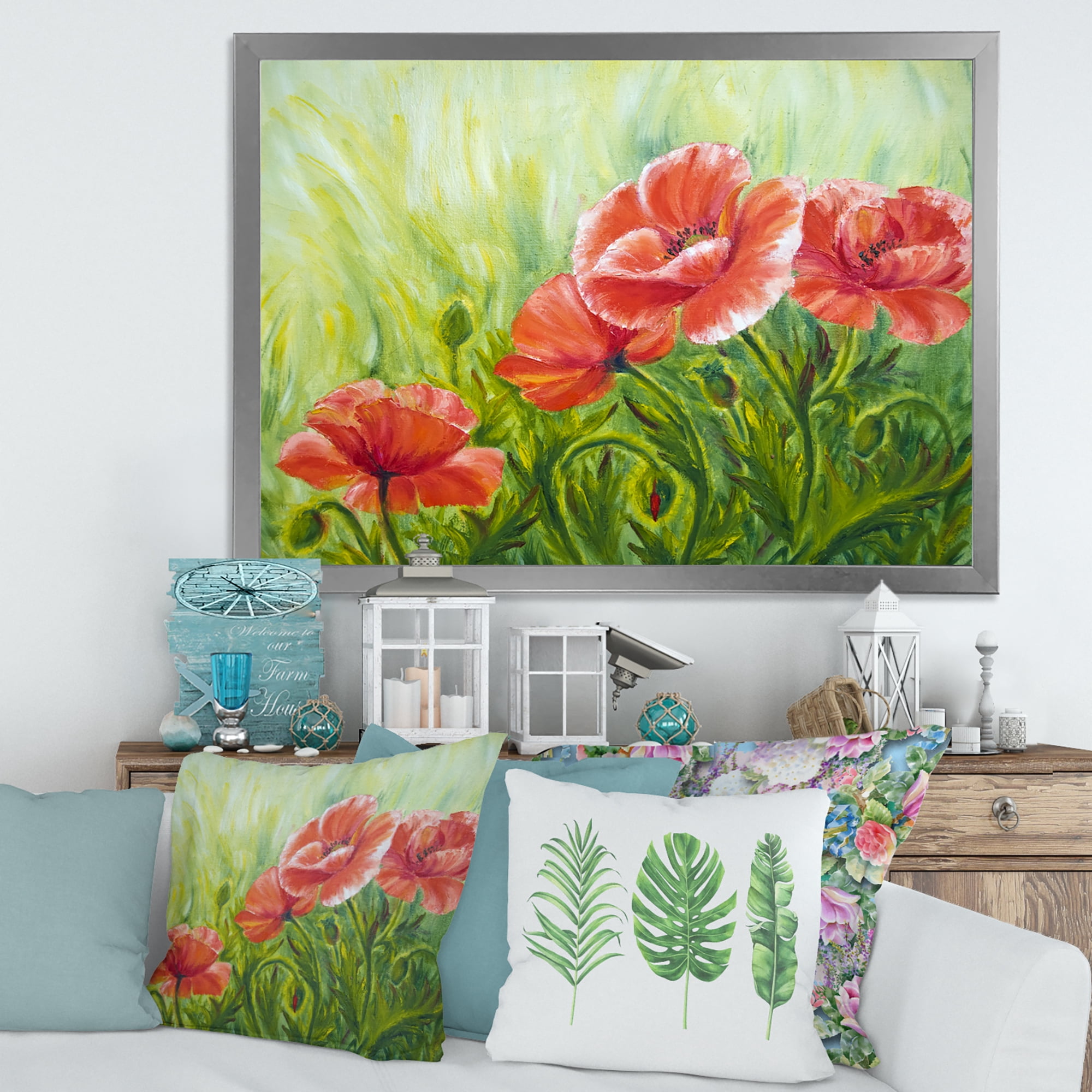 Designart 'Red Blossoming Poppies Over Wild Green III' Traditional Framed Art Print