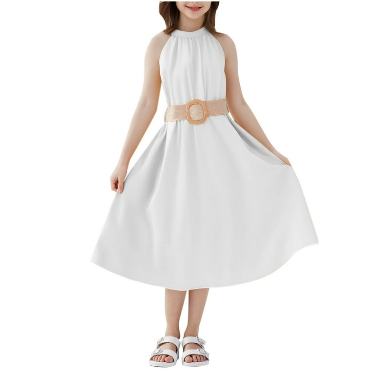 Favoffer Summer Girls Solid Color Off-Shoulder Dress Ruffle Belted Fit &  Flare Sundress Casual Party Travel Photoshoot 6-13Y - Walmart.com