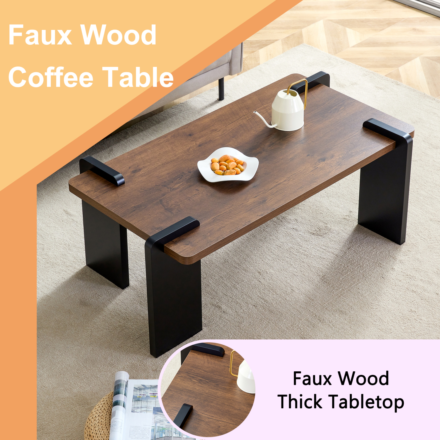 Walnut-colored MDF Coffee Table Modern Minimalist Design, Perfect for Small Spaces and Cozy Living Rooms (39.3*23.6*17.7in)