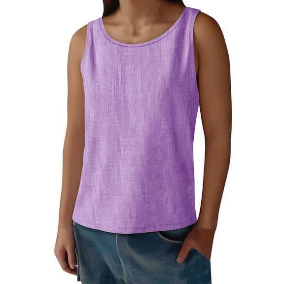 Womens Summer Tank Tops Crew Neck Beach Vacation Purple Sleeveless Solid Color Loose Shirts Blouses S