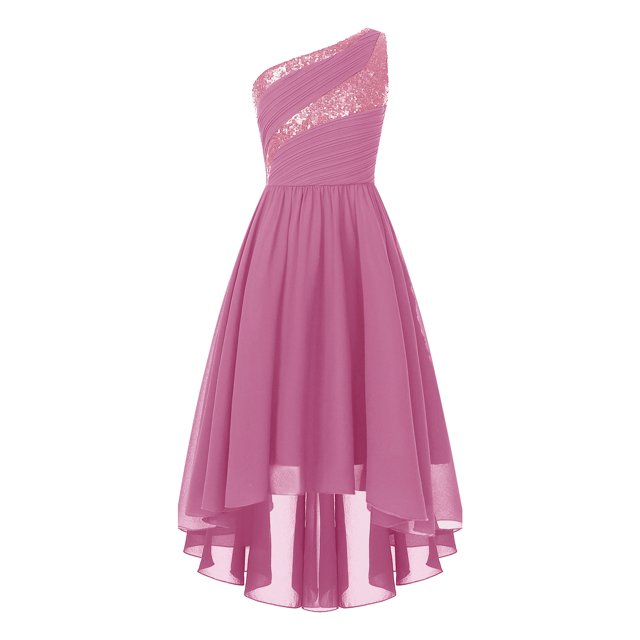 RUNQHUI Robe Formelle à une Épaule pour Filles, Ourlet Haut-Bas, Robe de Bal Princesse Danse, Rose 12
