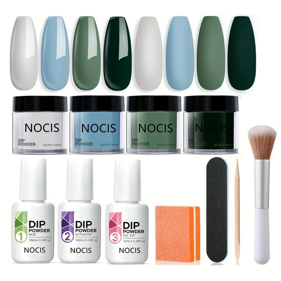 11 pcs Misty Gray, Blue, Dark Green Acrylic Dipping Powder Nail Kit with Essential Liquid Set, Base & Top Coat Activator - Perfect for French Nail Art Manicure DIY Salon Gift Set