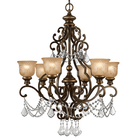 

Chandeliers 6 Light With Amber Etched Glass Clear Hand Cut Bronze Umber size 28 in 360 Watts - World of Lighting