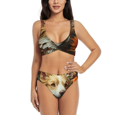 Zeuib Vintage Colorful Flower Puppy High Waisted Tummy Control Bikini Set - Knot Front Push Up Top & Cheeky Thong Bottom  Two-Piece Swimsuit for Women-Large