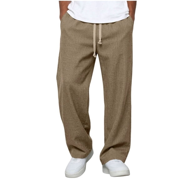 hlysgo Mens Causal Loose Pants Wide Leg Straight Fit Baggy Drawstring Trousers Breathable Soft Comfort Pant with Pockets Coffee,L