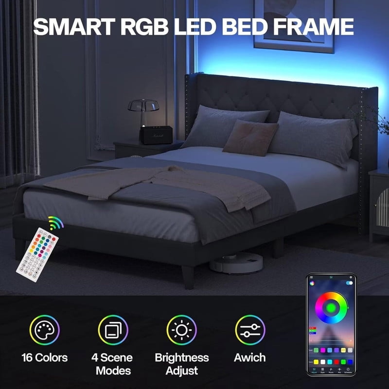 Full Size Upholstered Platform Bed Frame with Wingback Headboard, Diamond Tufting, and LED Lights - Wood Slat Support, No Box Spring Needed, Easy Assembly, Noise-Free, Grey