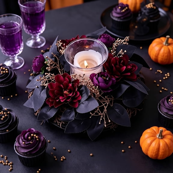 Danhjin Candle Rings for Table Halloween Candlestick Wreath with Black Leaves Purple Roses Decor
