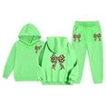 thumbnail image 5 of Bow Print Outfits Set For Kids Thick And Cozy Girls Tracksuit Fashionable Bow Print Pullover Hoodie With Jogger Pants Casual Two Piece Outfit For Toddler And Kid Green 130(6-7 Years), 5 of 8