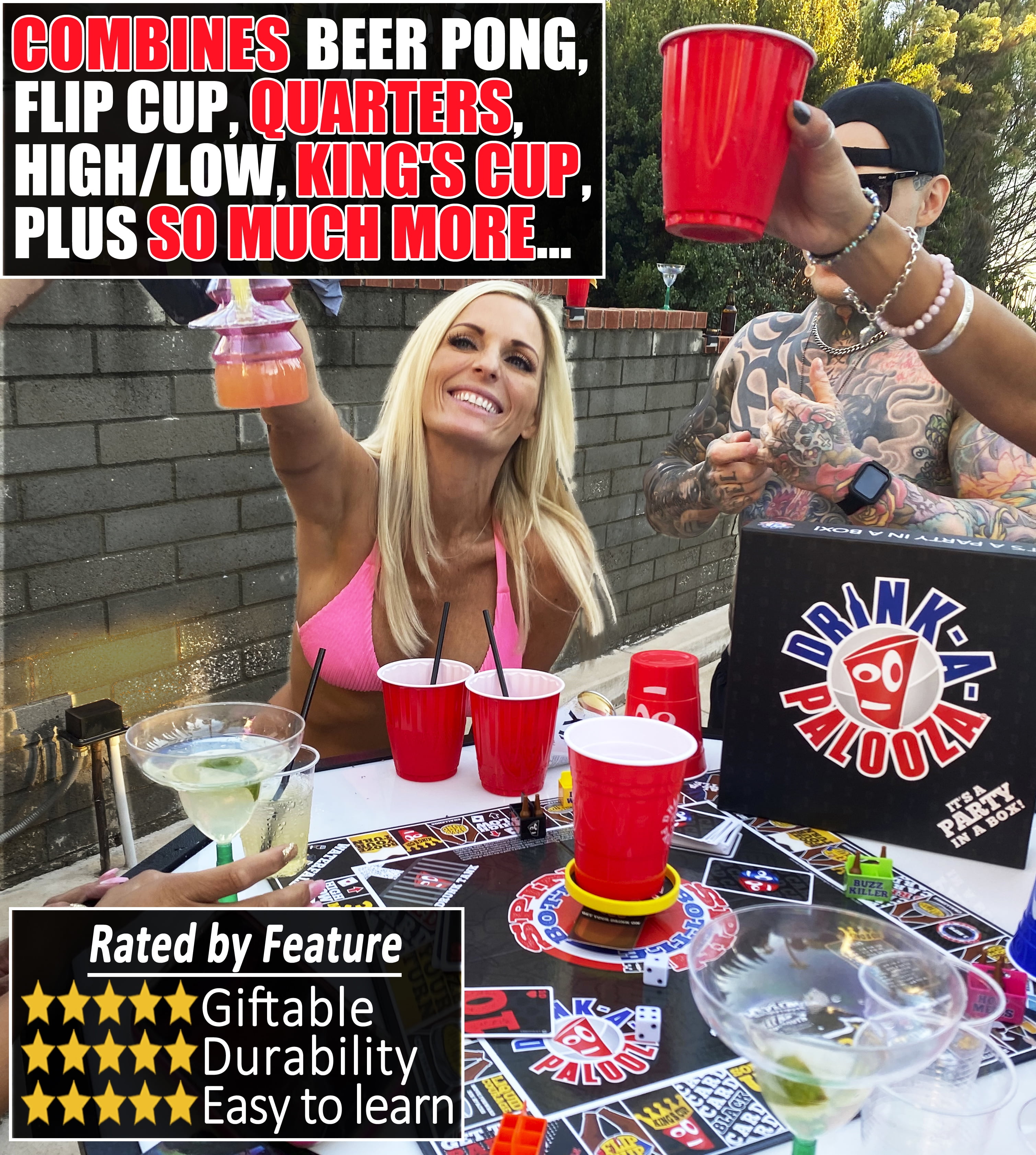 DRINK-A-PALOOZA Board Game: Fun Drinking Games for Couples Game Night  The  Drinking Board Game for Parties That Combines Beer Pong + Flip Cup + Kings  Cup Card Game and All The