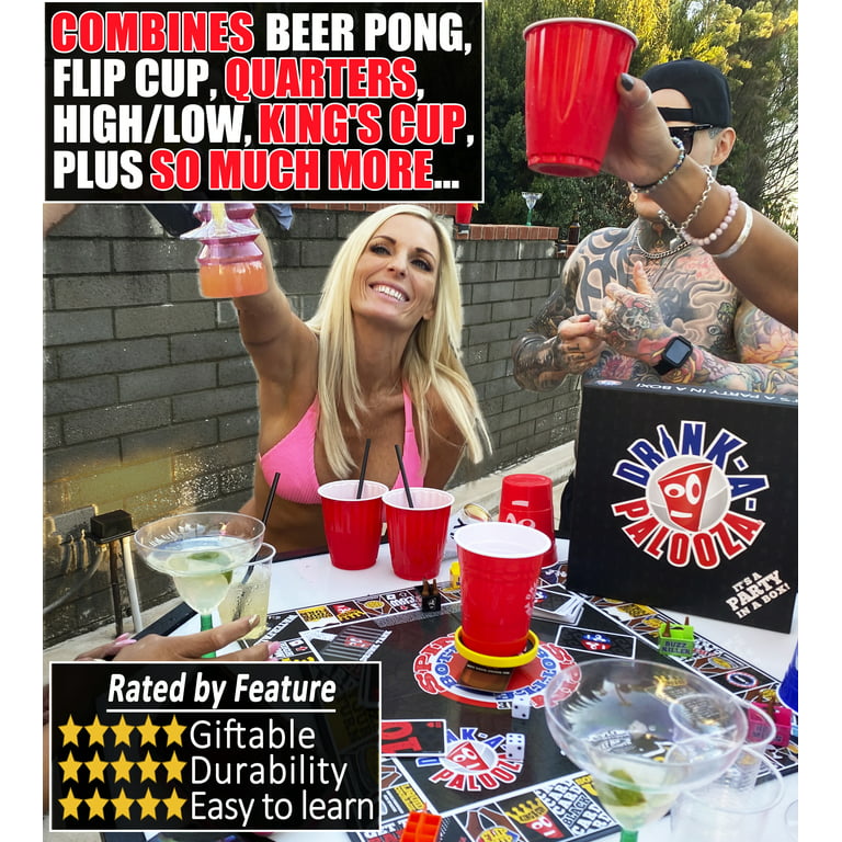 DRINK-A-PALOOZA Board Game: Fun Drinking Games for Couples Game Night  The  Drinking Board Game for Parties That Combines Beer Pong + Flip Cup + Kings  Cup Card Game and All The