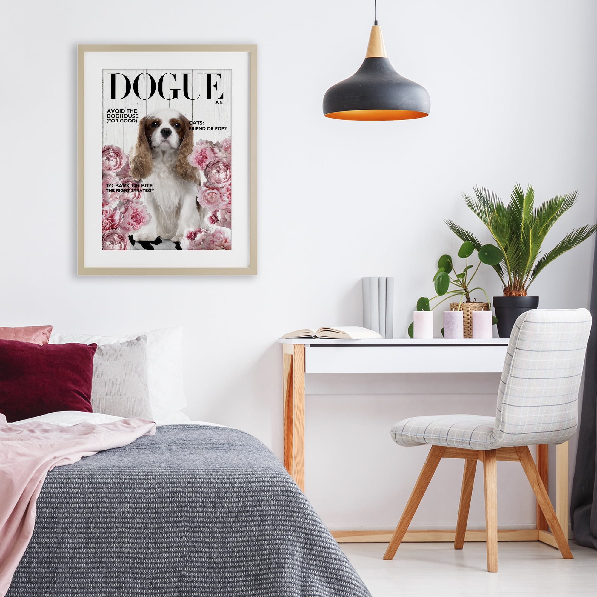 Funny Floral Dog Magazine Birch Framed Print Under Glass, design by Sasha