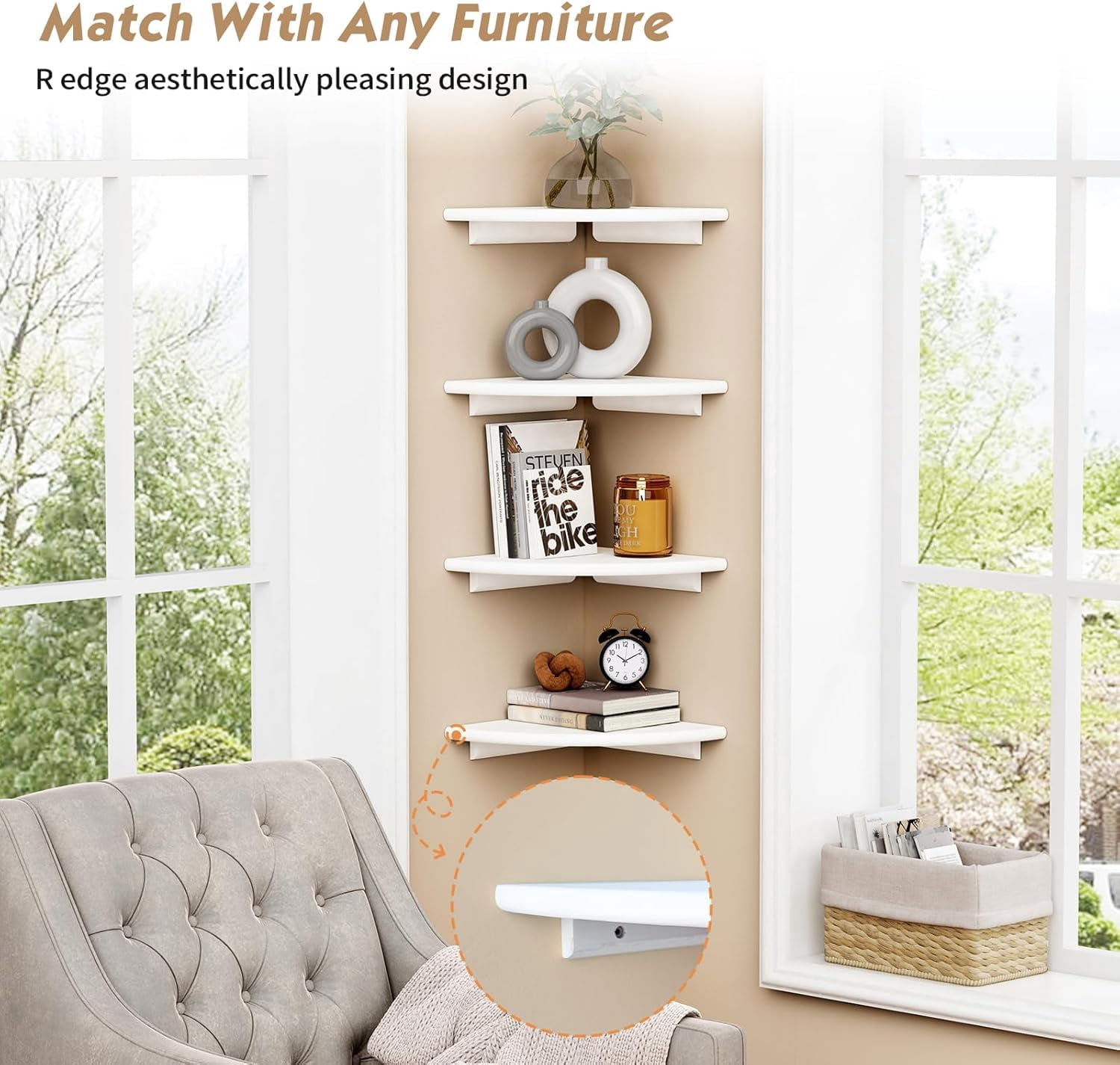 White Corner Floating Shelves for Wall Set of 4, Rounded Corner Shelves Wall Mounted for Kids Bedroom Books, Cute Wood Hanging Corner Shelf for Bathroom Decor, Living Room, Small Spaces