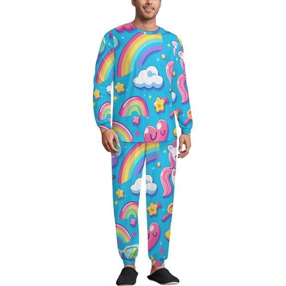 Cute Rainbow Unicorn Men's Pajama Set Sleepwear Pjs Lightweight Long Sleeve Crewneck Shirts and Bottoms Soft Comfy Sleep Sets XS