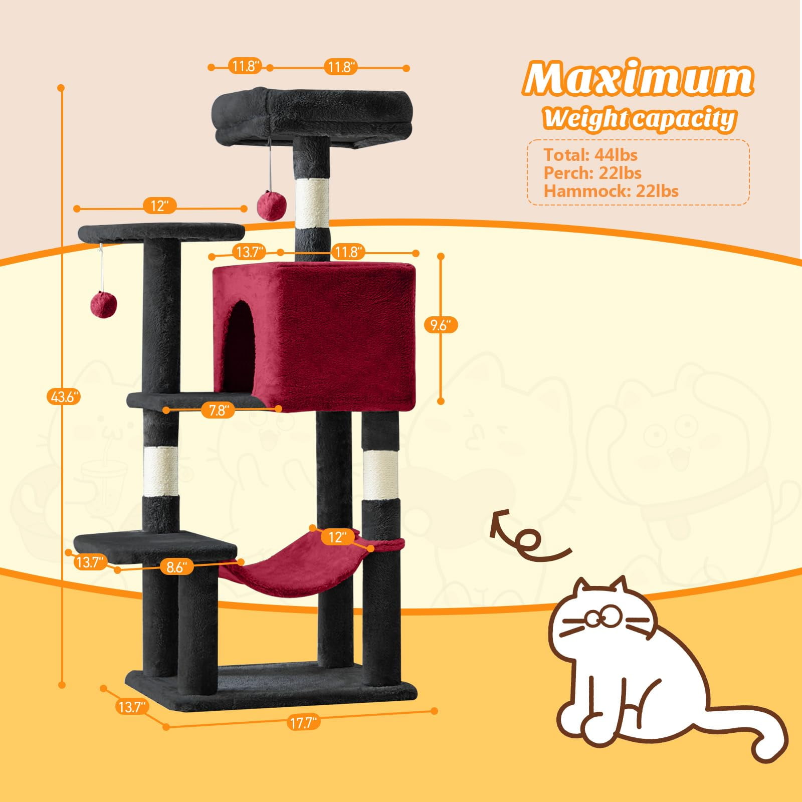 Atilioo 44 inch Cat Tree, Multi-Level Indoor Cat Tower with Condo, Hammock, Sisal Scratching Posts, Anti-Tip Bolts for Indoor Cats, Black Red