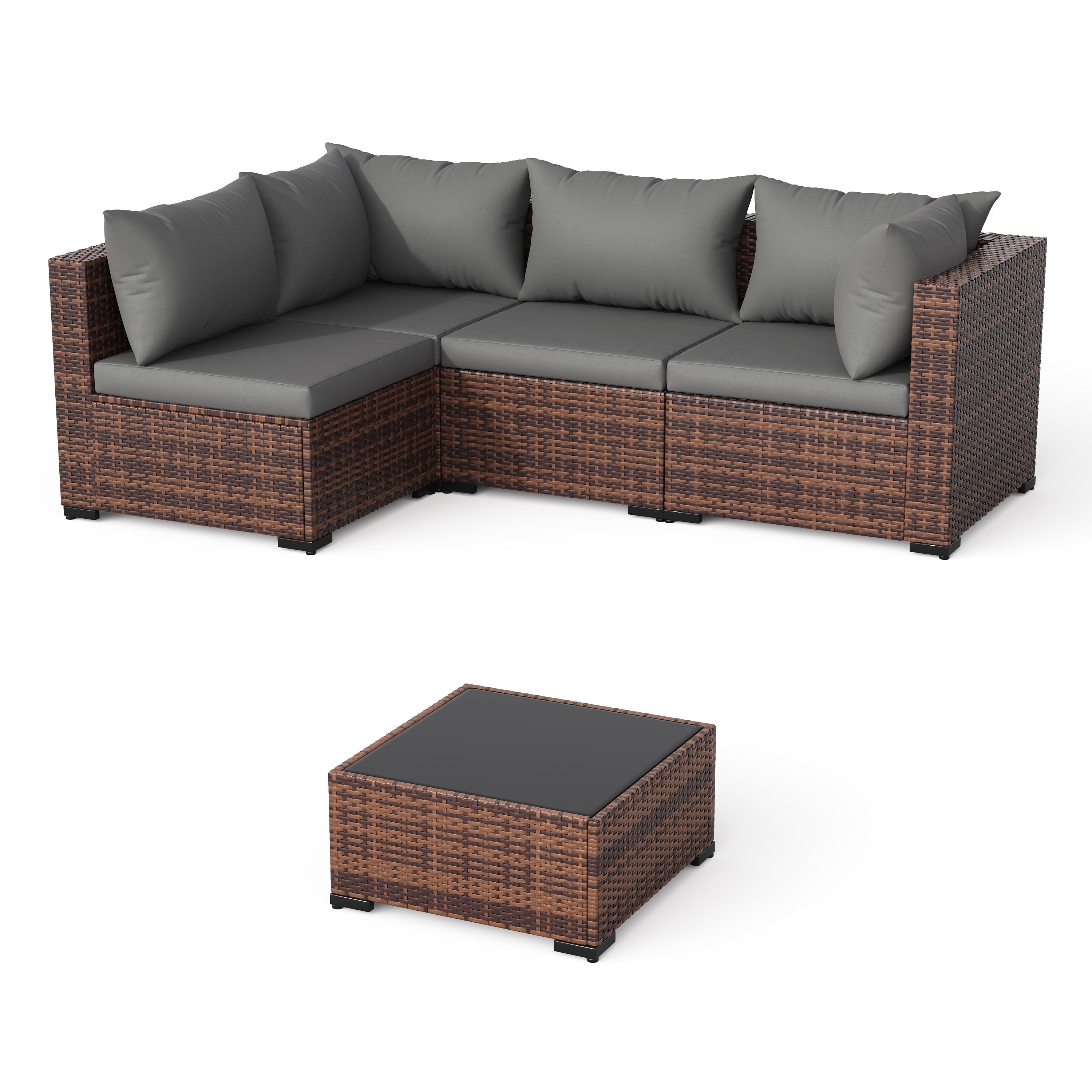 ELPOSUN 5 Pieces Patio Furniture Set All Weather Outdoor Sectional Sofa, Outdoor Modern Sectional Furniture Wicker Couch with Glass Coffee Table, Thicken Gray Cushions, Water Resistant