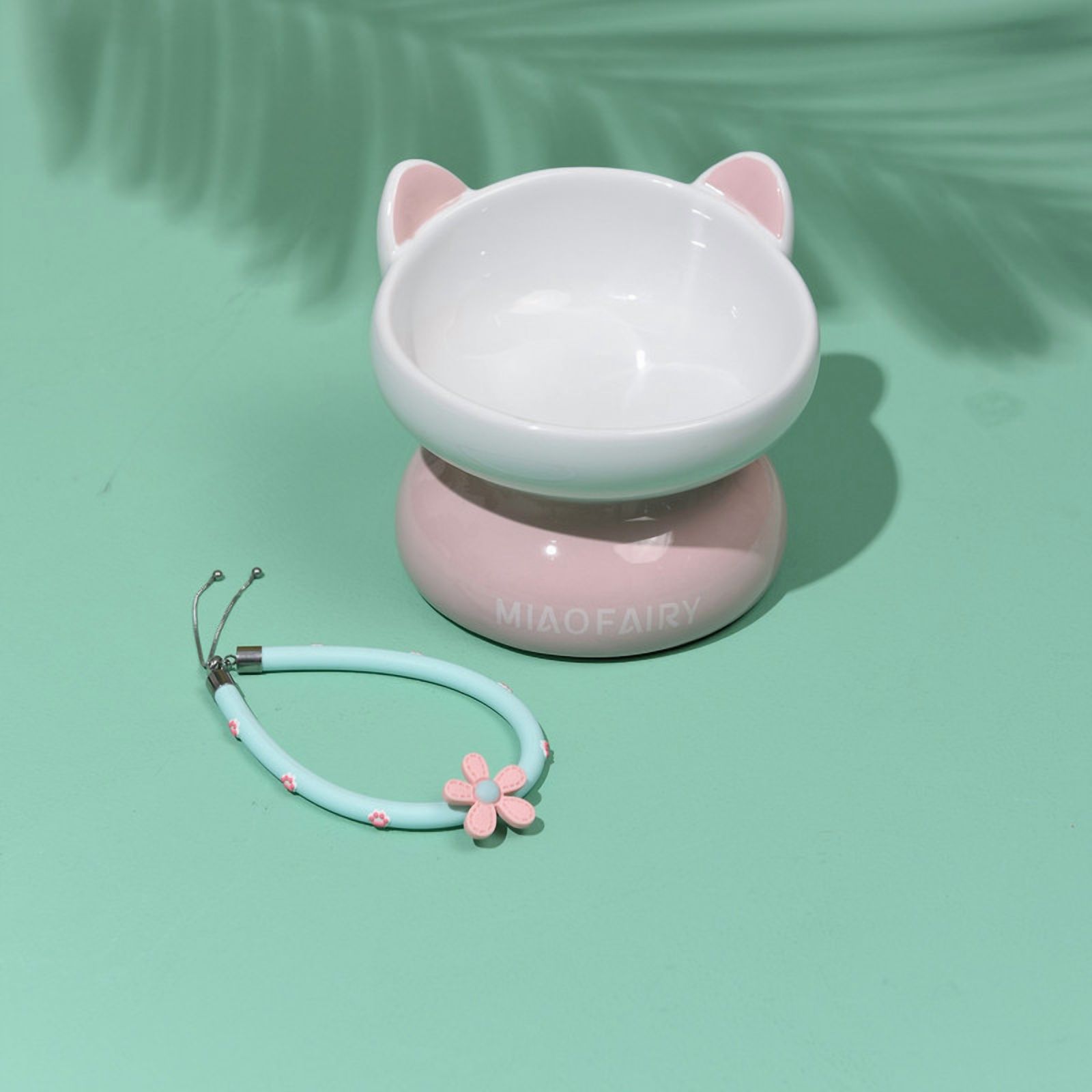Fairela Elevated Ceramic Food and Water Bowl for Cats, Pink Cute Ear Design