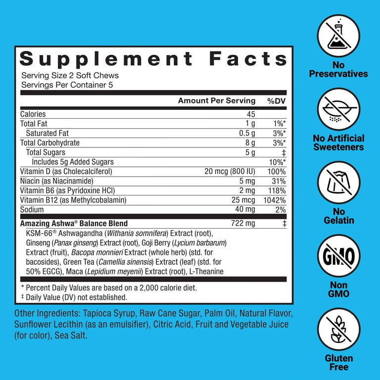 l carnitine and ashwagandha together Force Factor Amazing Ashwa with KSM-66 Ashwagandha & L-Theanine for Stress Relief, Relaxation & Cortisol Balance, Triple Berry, 10 Soft Chews