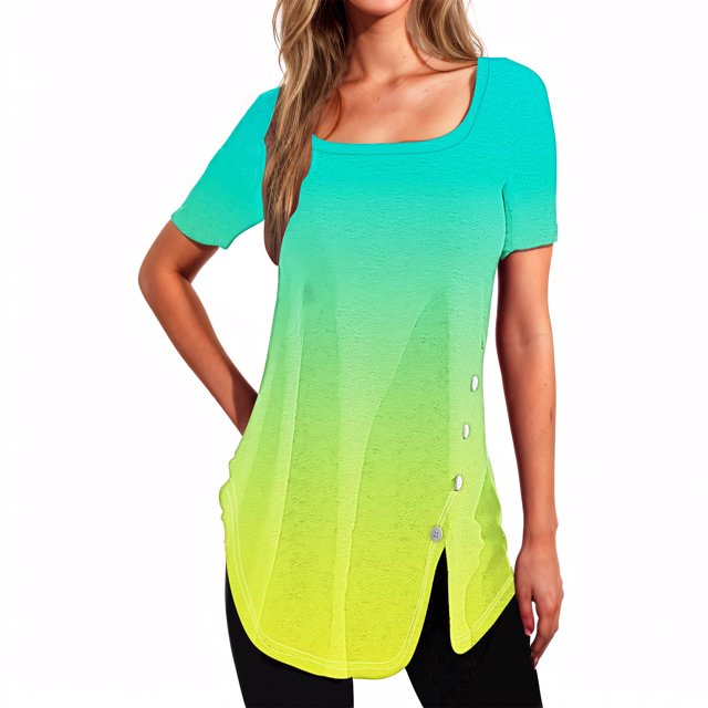 Plebaso Womens Summer Shirts Short Sleeve Gradient Tunic Tops Square Neck Dressy Loose Blouses with Split
