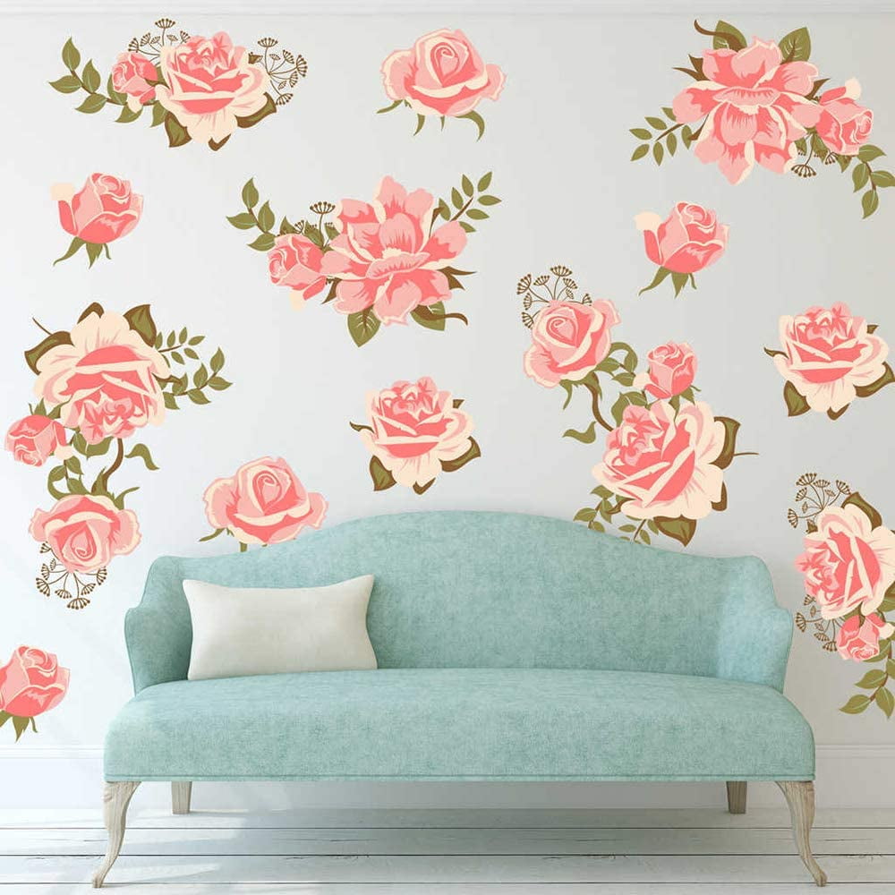 Pink Rose Wall Stickers Removable Flower Wall Decals Bedroom Living