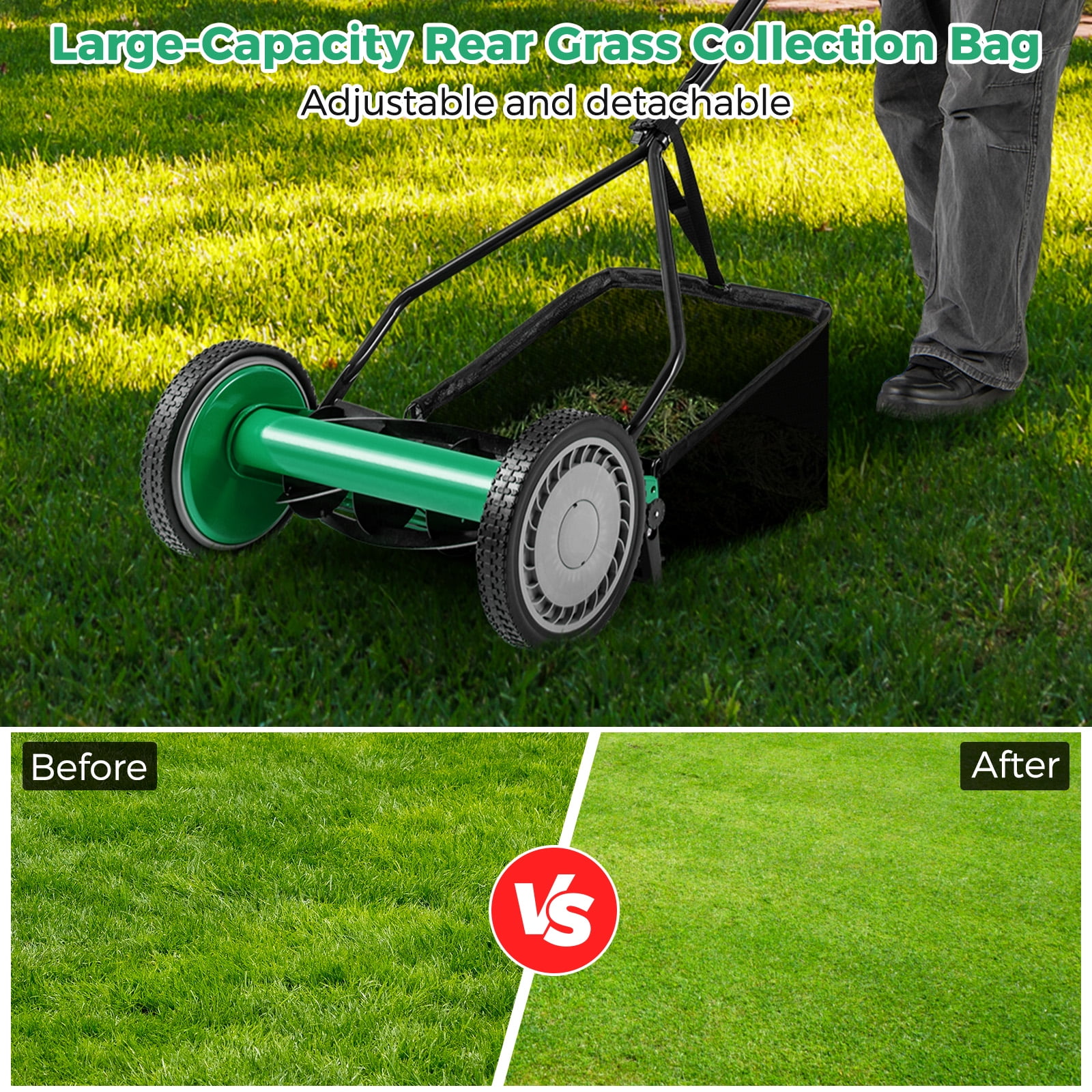 Gymax 14'' Manual Reel Mower w/ 5-Blade 6.6 Gallon Removable Grass Catcher for Garden Green