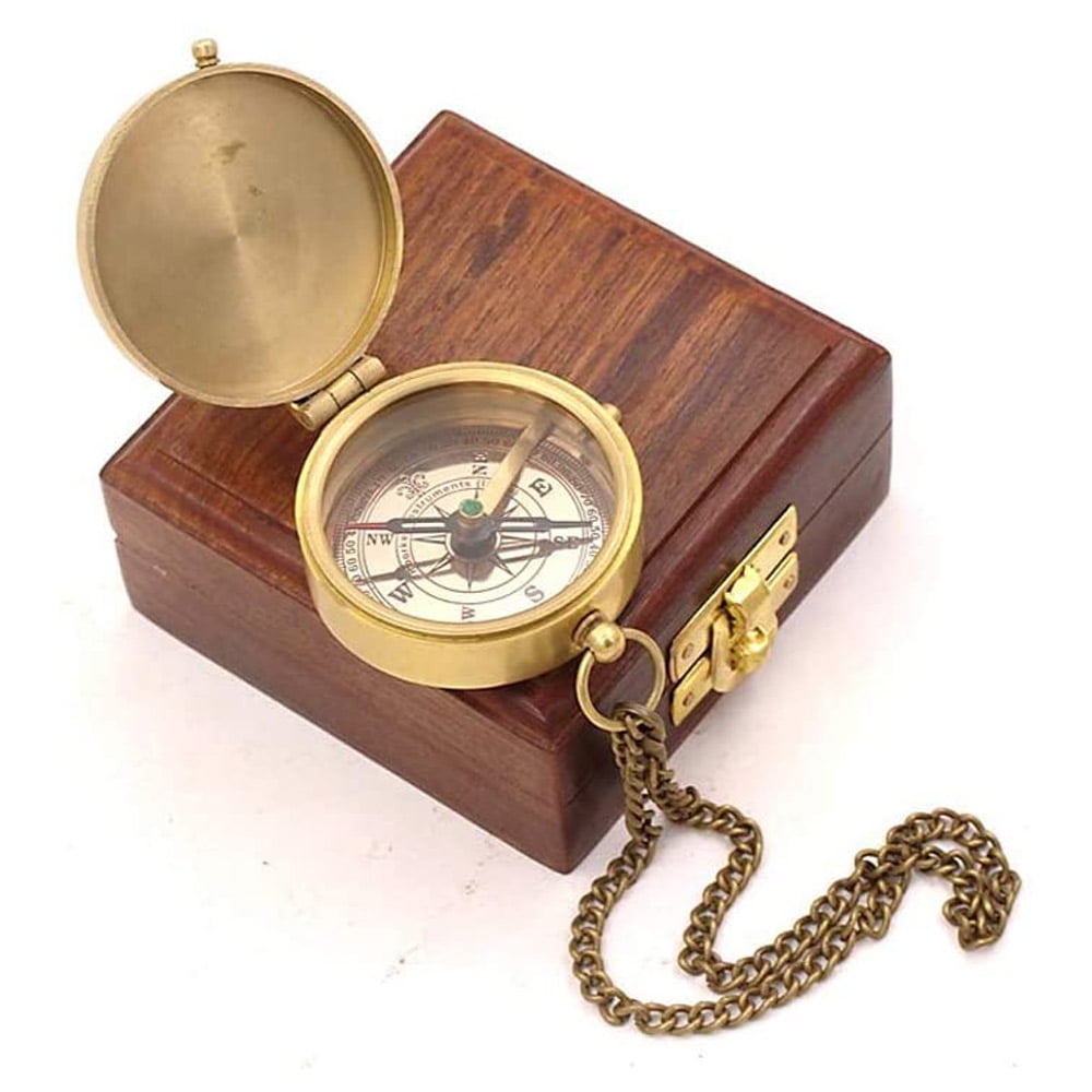 Rii Brand Brass Metal Golden Color Compass Engraved with Wooden Box