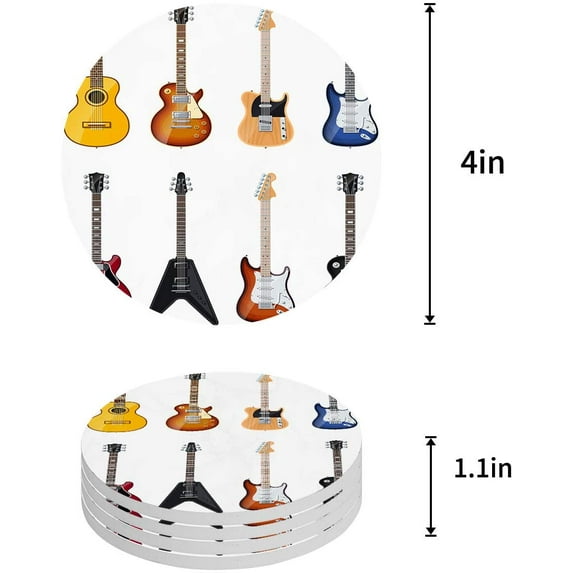 FMSHPON Guitar Set of 4 Round Coaster for Drinks, Absorbent Ceramic Stone Coasters Cup Mat with Cork Base for Home Kitchen Room Coffee Table Bar Decor