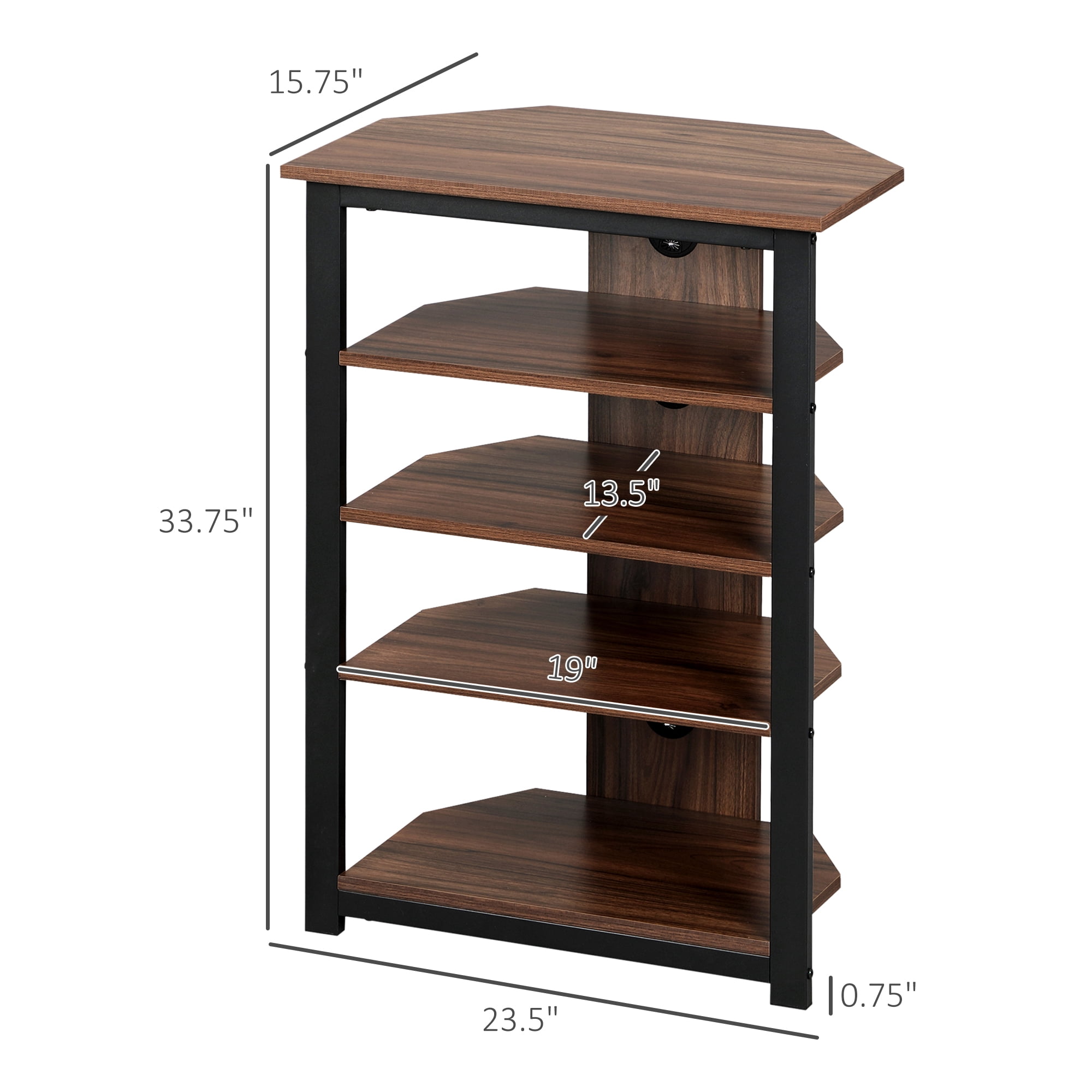 HOMCOM TV Stand, AV Media Stand, Corner Audio Tower with Storage Shelves and Steel Frame, Living Room Storage, Brown