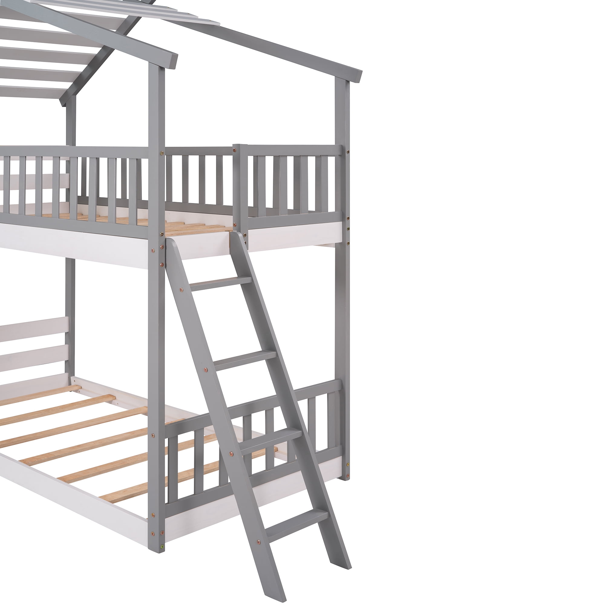 House bunk Bed Twin Over Twin Twin Bunk Bed Frame Wood Bunk Bed with Roof Window Guardrail Ladder Wood Twin Bunk Beds Frames for Kids Teens