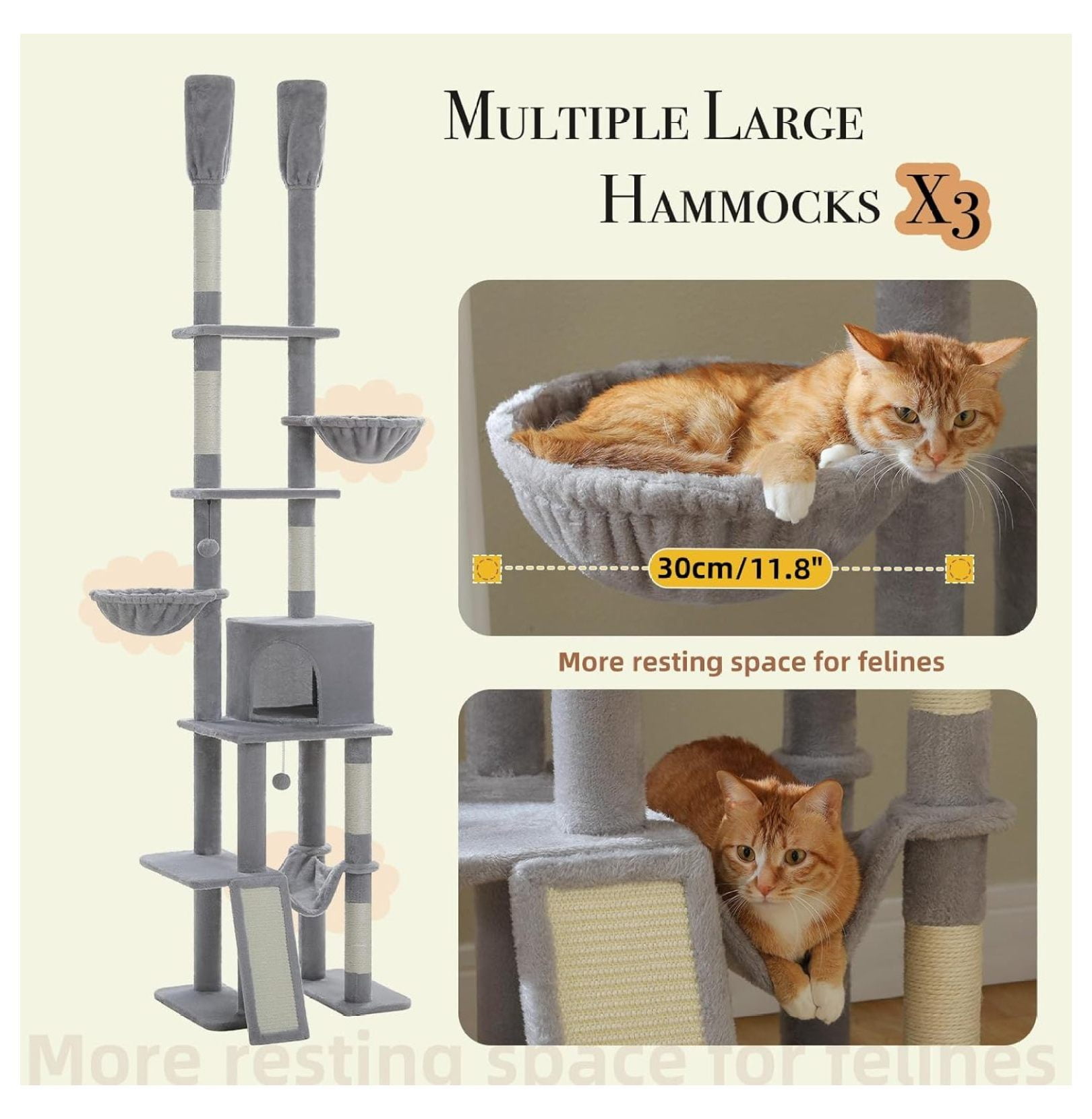 Tall Cat Tree Floor to Ceiling - Adjustable Cat Tower 85-112 Inches - 7 Tier Cat Climbing Tower with Hammocks & Scratching Posts for Indoor Cats - Gray