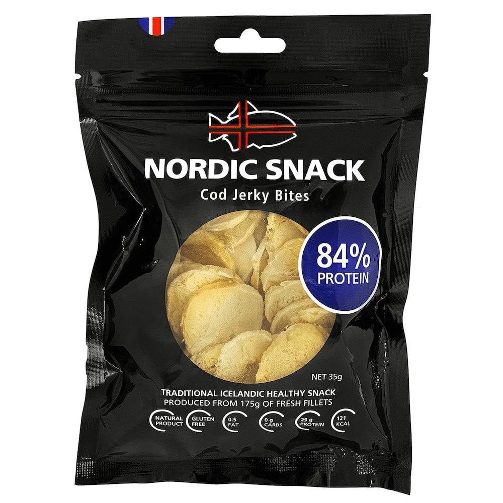Dried Cod Bites (Hardfiskur) Fish Jerky High Protein Healthy Nordic Snack 1.2oz (35g) Resealable Bag
