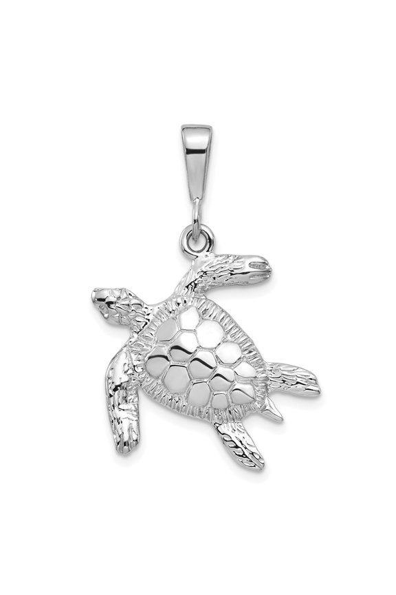 Real 14kt White Gold Solid Polished Open-Backed Sea Turtle Pendant; for Adults and Teens; for Women and Men