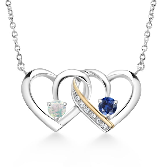 Gem Stone King 925 Silver and 10K Yellow Gold White Simulated Opal Blue Created Sapphire and Lab Grown Diamond Interlocking Heart Pendant Necklace for Women (0.53 Cttw, with 18 inch Chain)