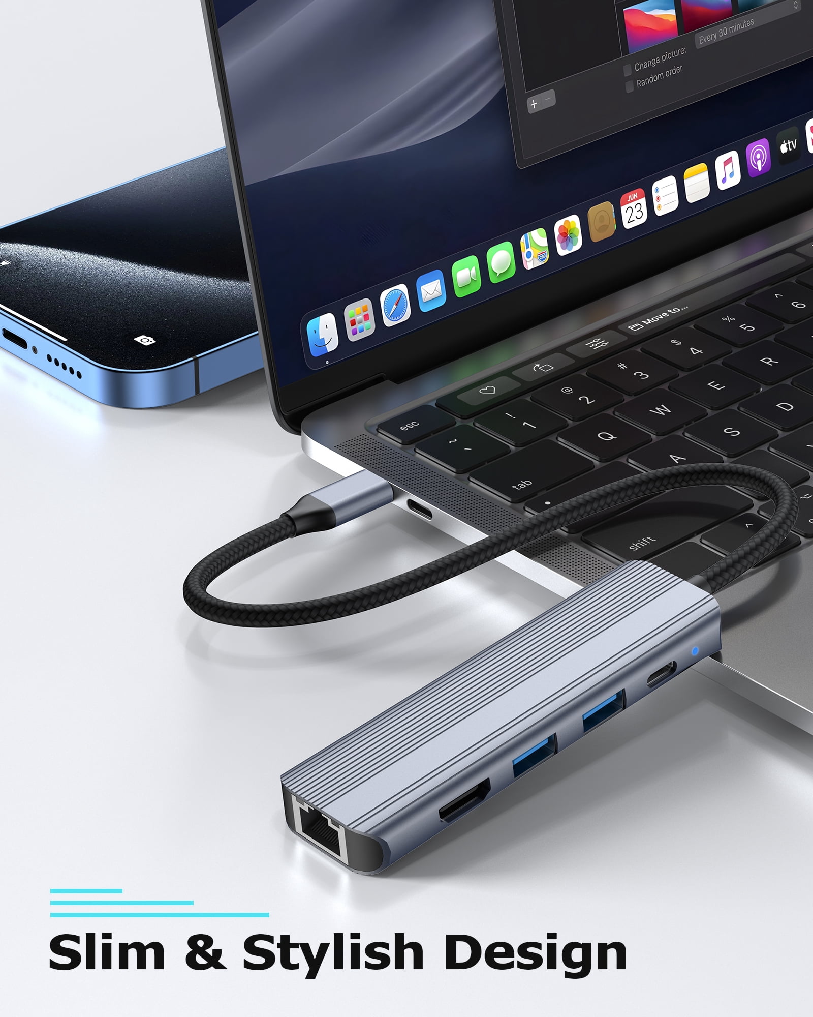 USB C Hub Ethernet HDMI Multiport Adapter for MacBook Pro/Air, iPad, Laptop Dock with 5Gbps USB A/C, 1Gbps RJ45 Gigabit Ethernet, 4K@30Hz HDMI, 100W Pass Through Charging