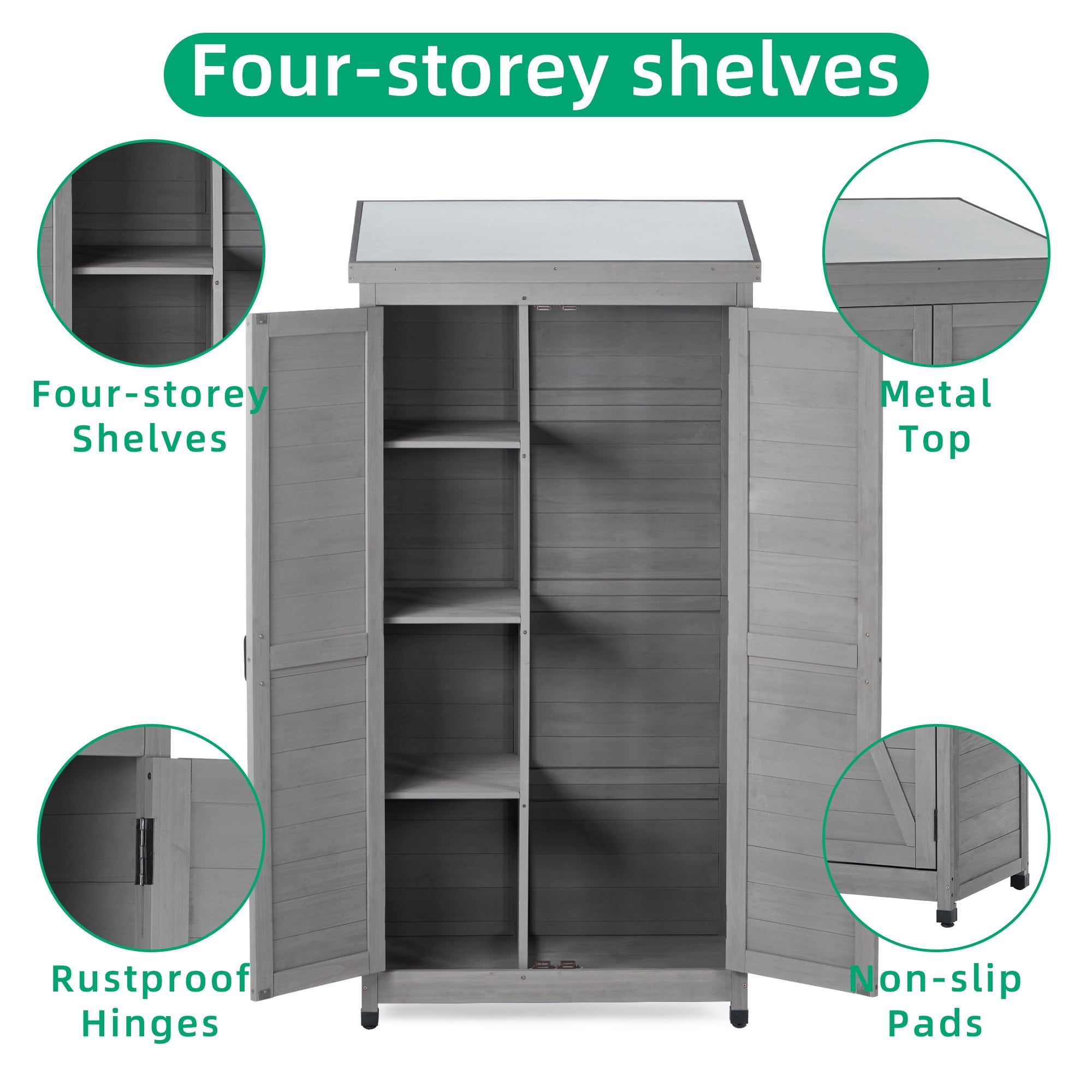 Outdoor Storage Cabinet and Metal Top, Garden Storage Shed Outdoor 68 Inches Wood Tall Shed for Yard, Gray