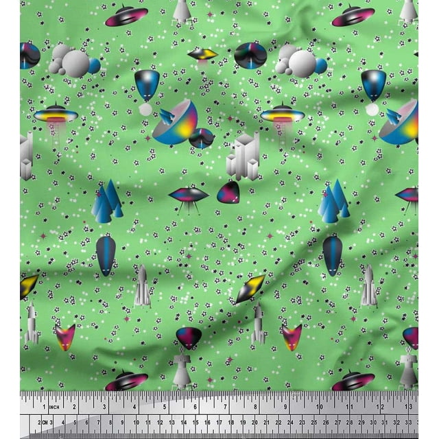 Soimoi Polyester Crepe Fabric Spaceship,Star & Satellite Cartoon Print Fabric by Yard 42 Inch Wide
