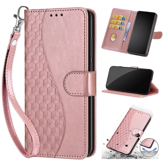 Luxury Embossed PU Leather Wallet Case for Google Pixel 10a, Flip Cover with Card Slots Kickstand & Hand Strap Shockproof Full-Body Protective Anti-drop Phone Case, S2rosegold