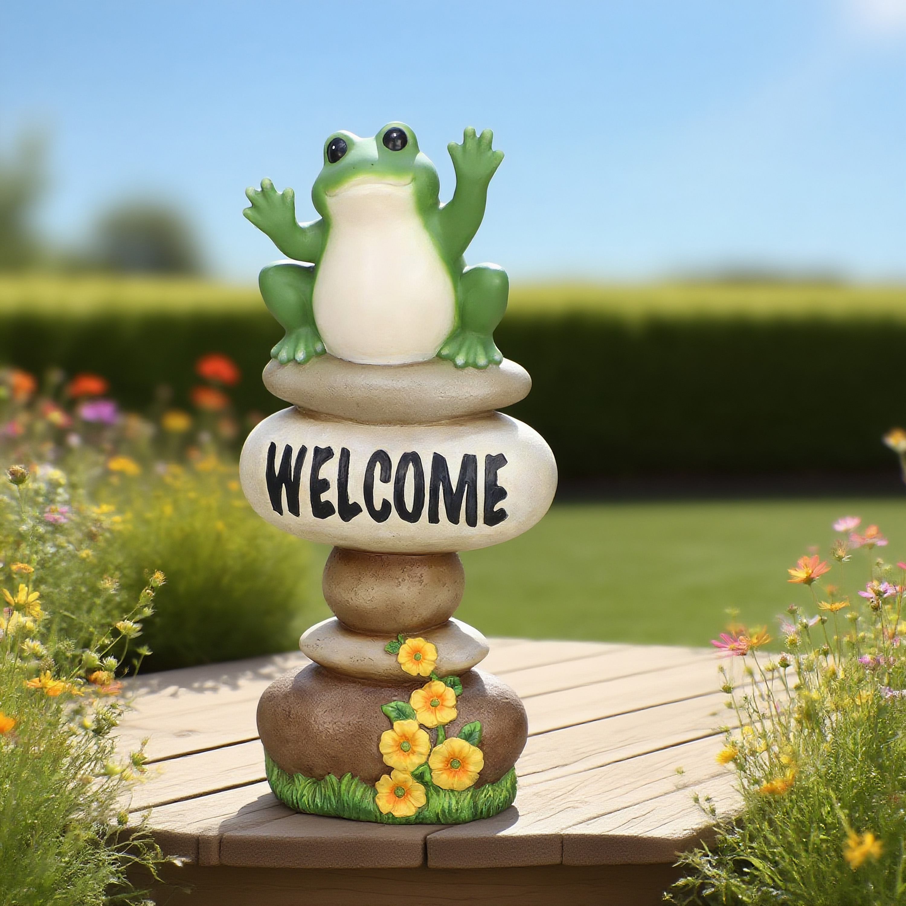 Mainstays 19.75 Inch Outdoor Large Frog on Welcome Stones Statue