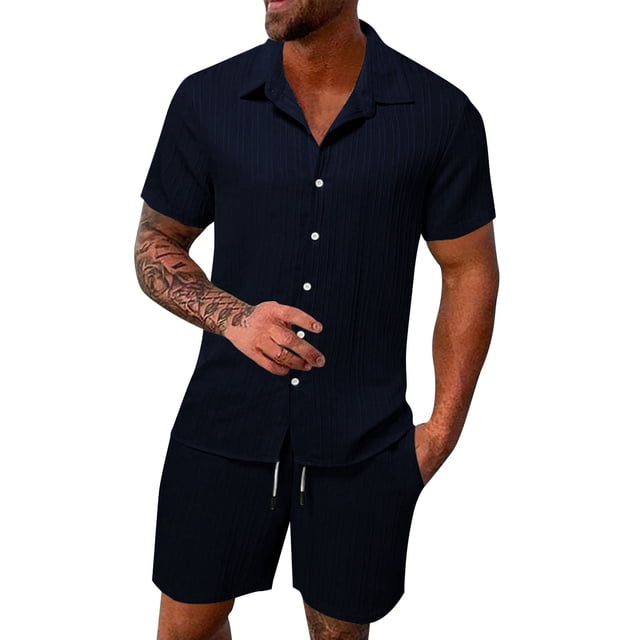 HBFAGFB Two Piece Summer Set Mens Fashion Lapel Button Down Shirt Light Breathable Shorts Navy Size XL