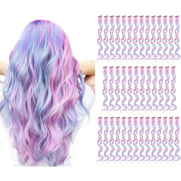 Pesonlook 40 PCS Colored Clip in Hair Extension, 26 inch Mixed Unicorn  Color Heat-Resistant Curly Hairpieces for Women, Cosplay Party  Highlights(White/Pink/Light Blue/Light Purple) 
