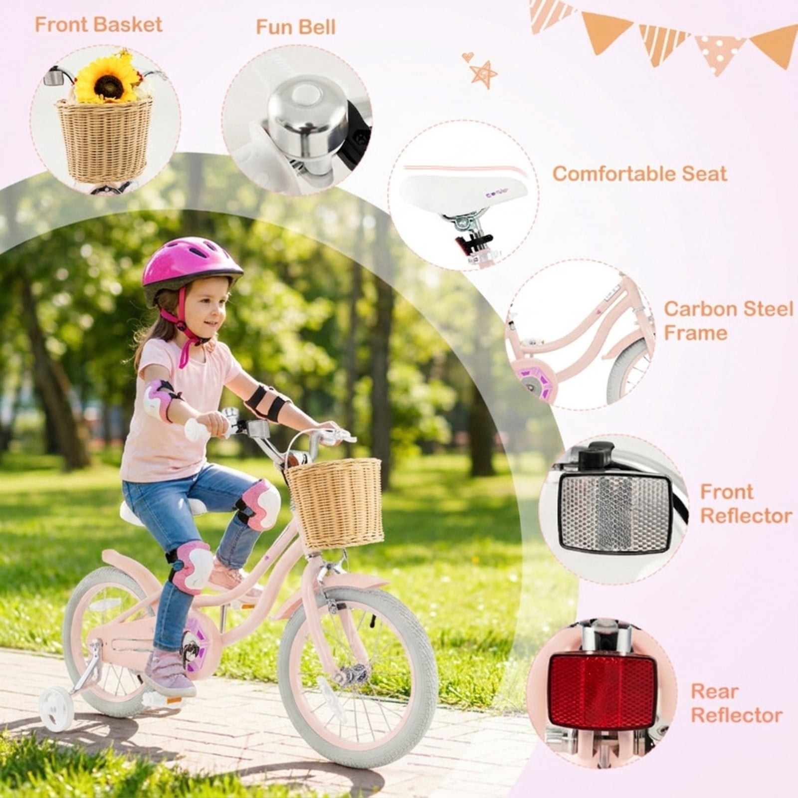 Redsmile Kids Bike 16 Inch with Training Wheels for Boys Girls Ages 4-7, Youth Bicycle with Adjustable Handlebar and Seat, Height 41-51 In, Holds 110 lbs, Carbon Steel Frame, Pink