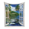 thumbnail image 1 of Tropical Soft Flannel Fleece Throw Blanket, Rippling Sea Palms and Exotic Village Scene Through Open Window Design, Cozy Plush for Indoor and Outdoor Use, 50" x 60", Green and Sea Blue, by Ambesonne, 1 of 6