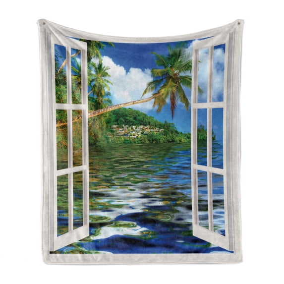 Tropical Soft Flannel Fleece Throw Blanket, Rippling Sea Palms and Exotic Village Scene Through Open Window Design, Cozy Plush for Indoor and Outdoor Use, 50" x 60", Green and Sea Blue, by Ambesonne