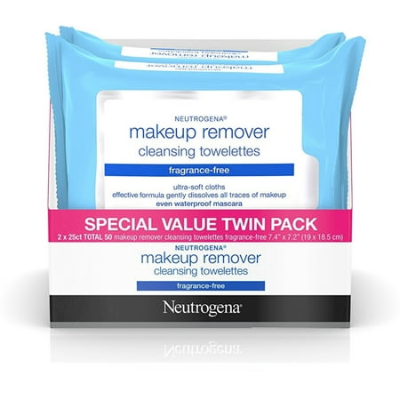 Neutrogena Makeup Remover Cleansing Towelettes & Wipes, Twin Pack, Fragrance Free 50 ea (Pack of 2)