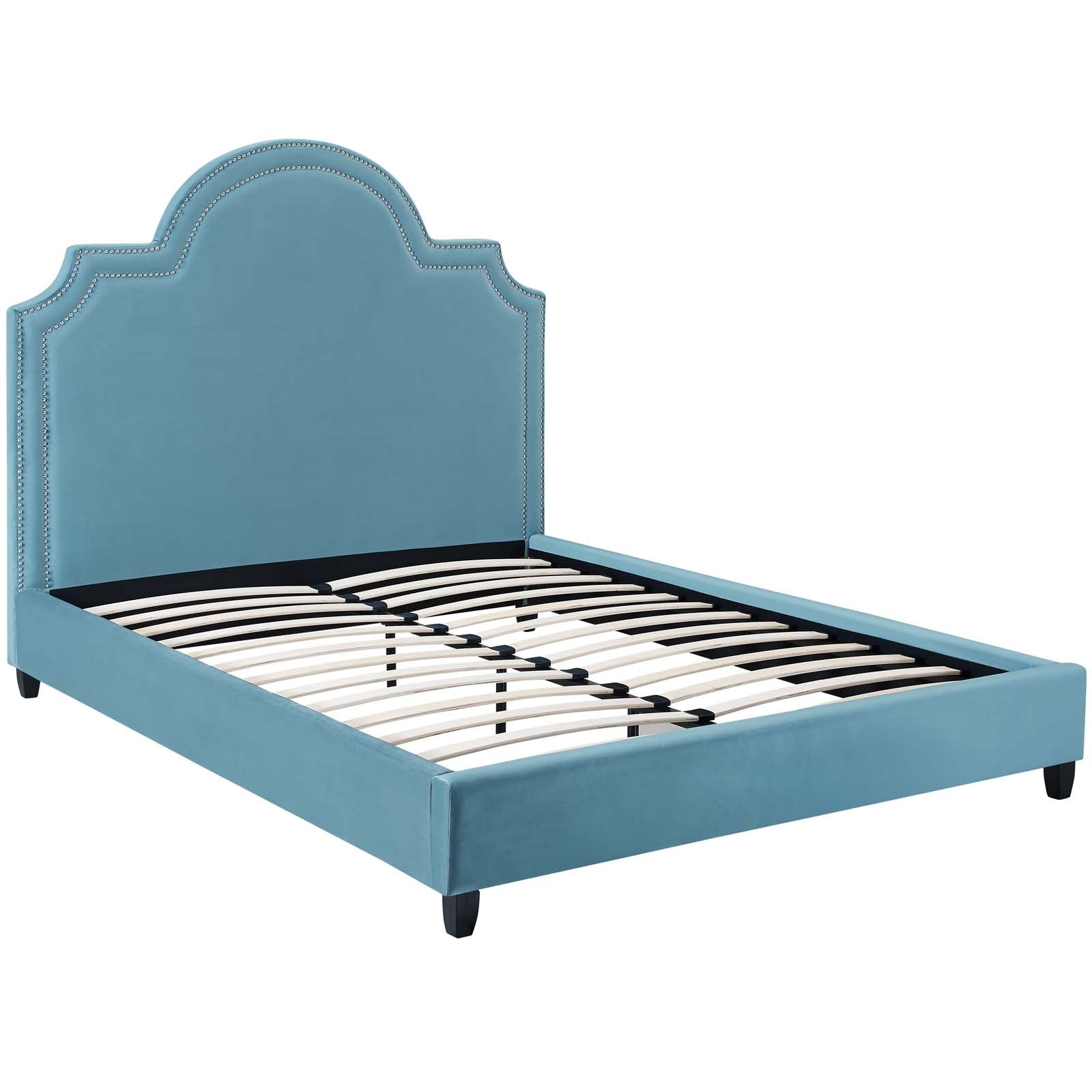 Modern Contemporary Urban Design Bedroom Queen Size Platform Bed Frame, Velvet Fabric, Blue