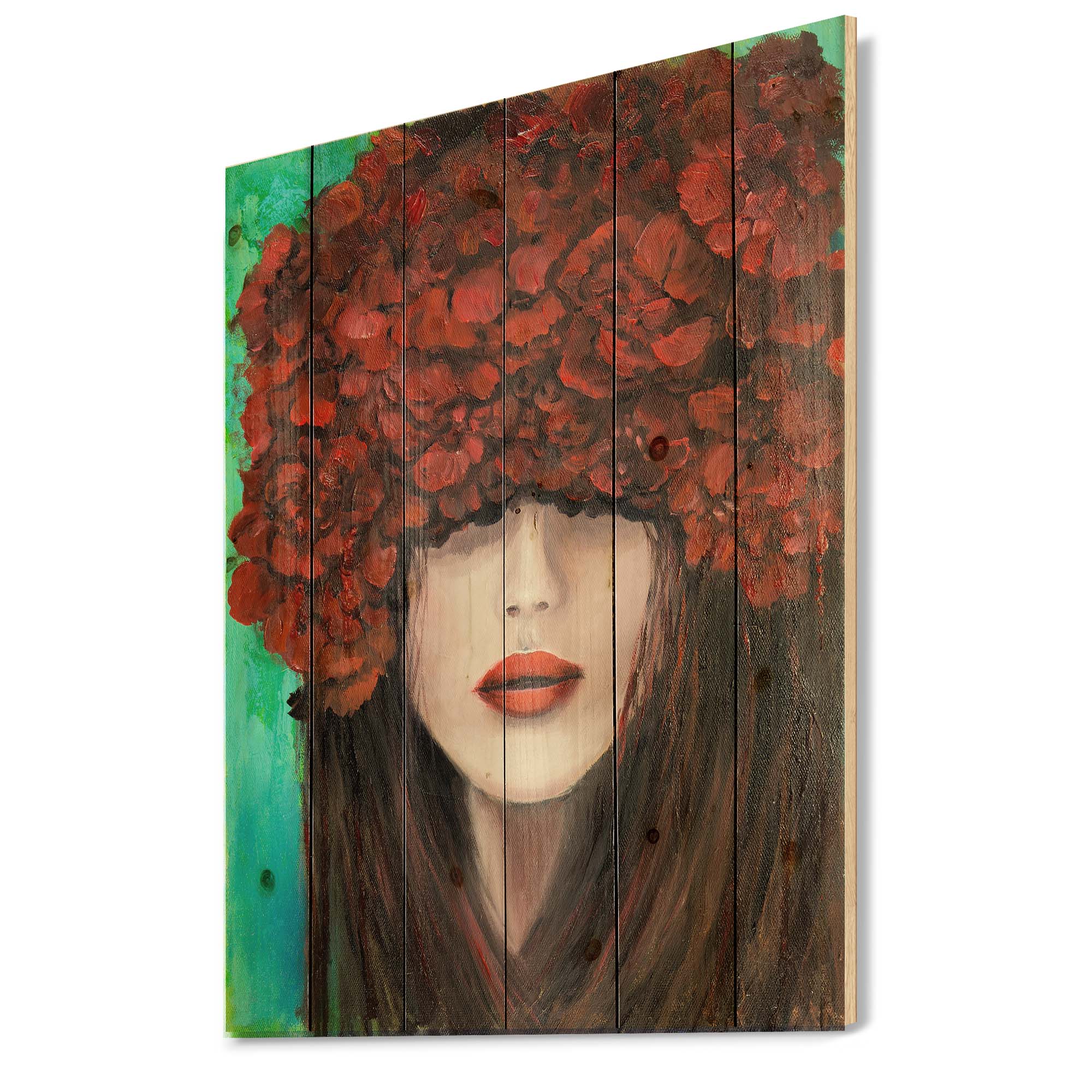 Designart 'Portrait Of A Young Lady With Red Flowers' Modern Print on Natural Pine Wood