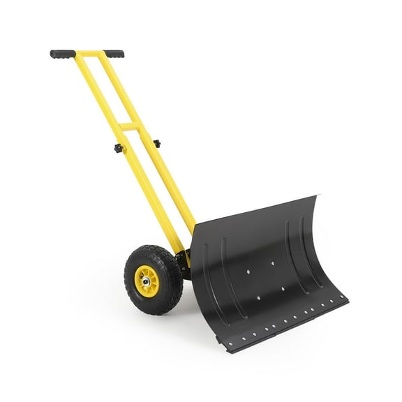 Snow Shovel with Wheels, 29" Heavy Duty Steel Snow Pusher Shovel with Adjustable Handle and 5-Position Angled Blade for Driveway, Sidewalk, Pavement