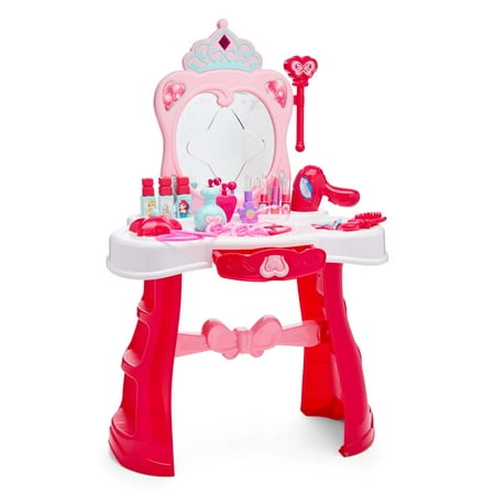 Dash Toyz Pink Light-Up Vanity Play Set Flashing Lights, Big Mirror, Cosmetics, Working Hair Dryer